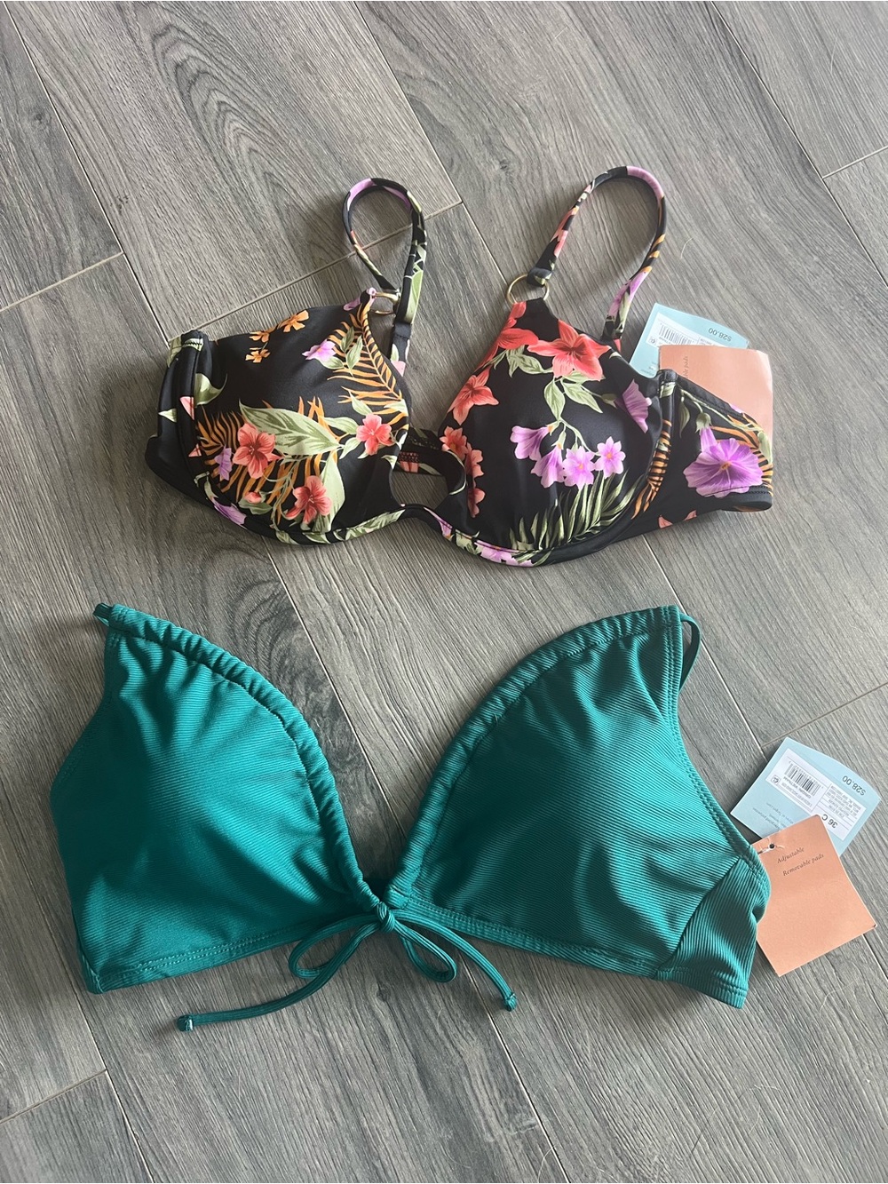 Target Floral Black Bikini Top & Teal Green Triangle Bikini Top